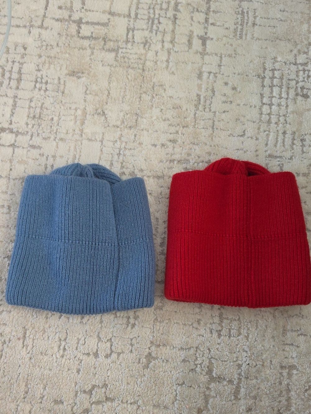 Two Knit Beanies - Light Blue And Red For Men Or Womeb